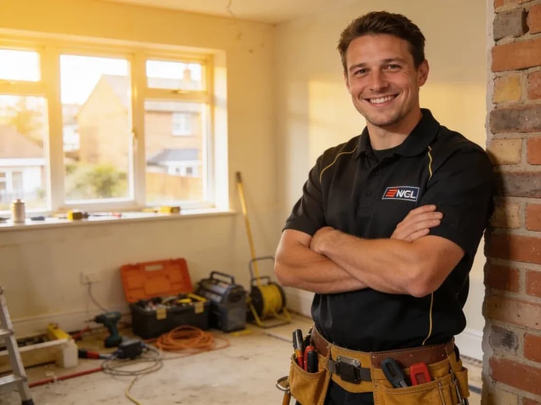 A tradesperson on site smiling to camera