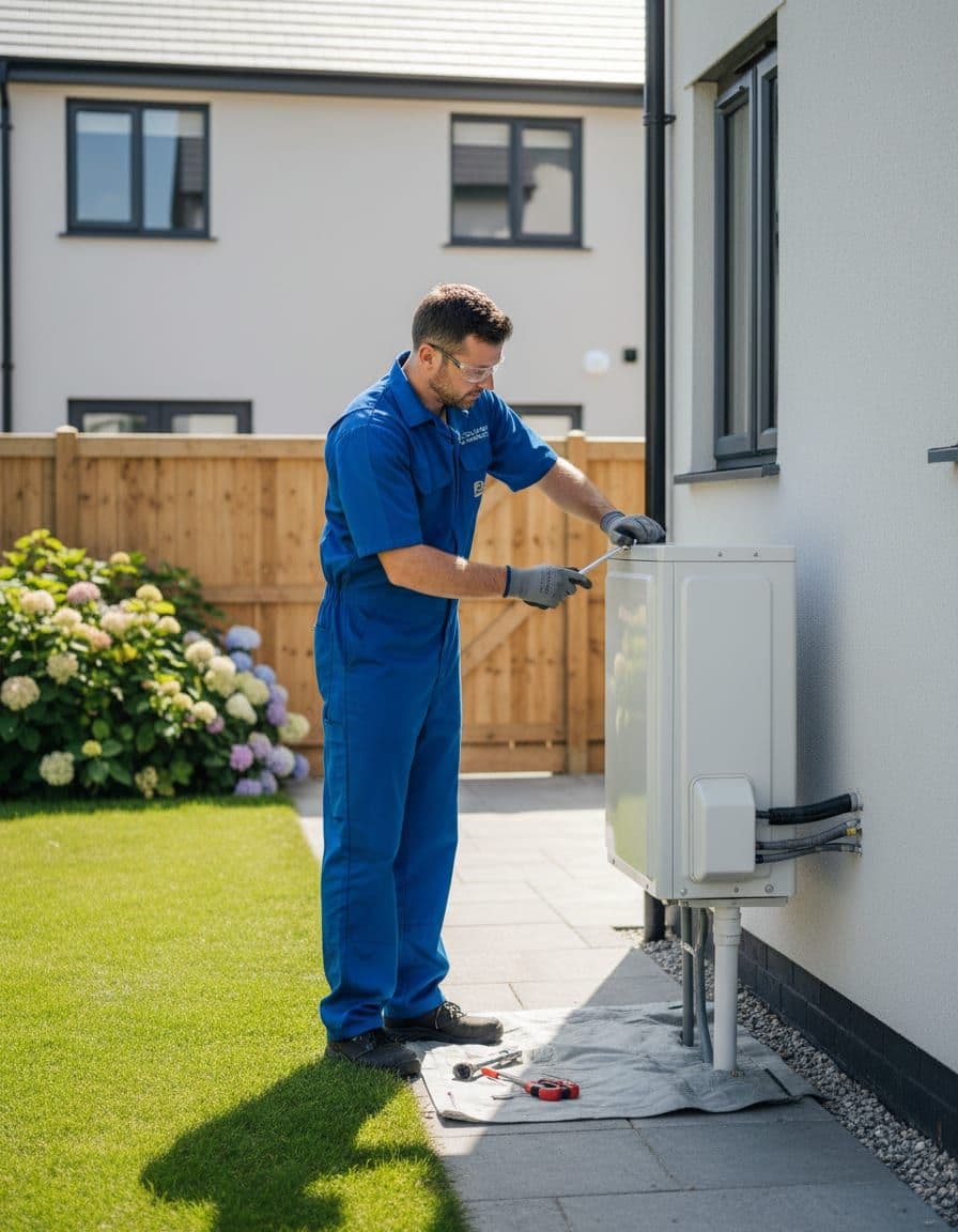 A heating engineer fitting an air-source heat pump outside a UK home